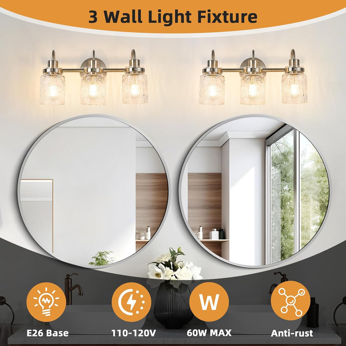 3 Lights Hammered Glass Bathroom Vanity Light,Brushed Nickel
