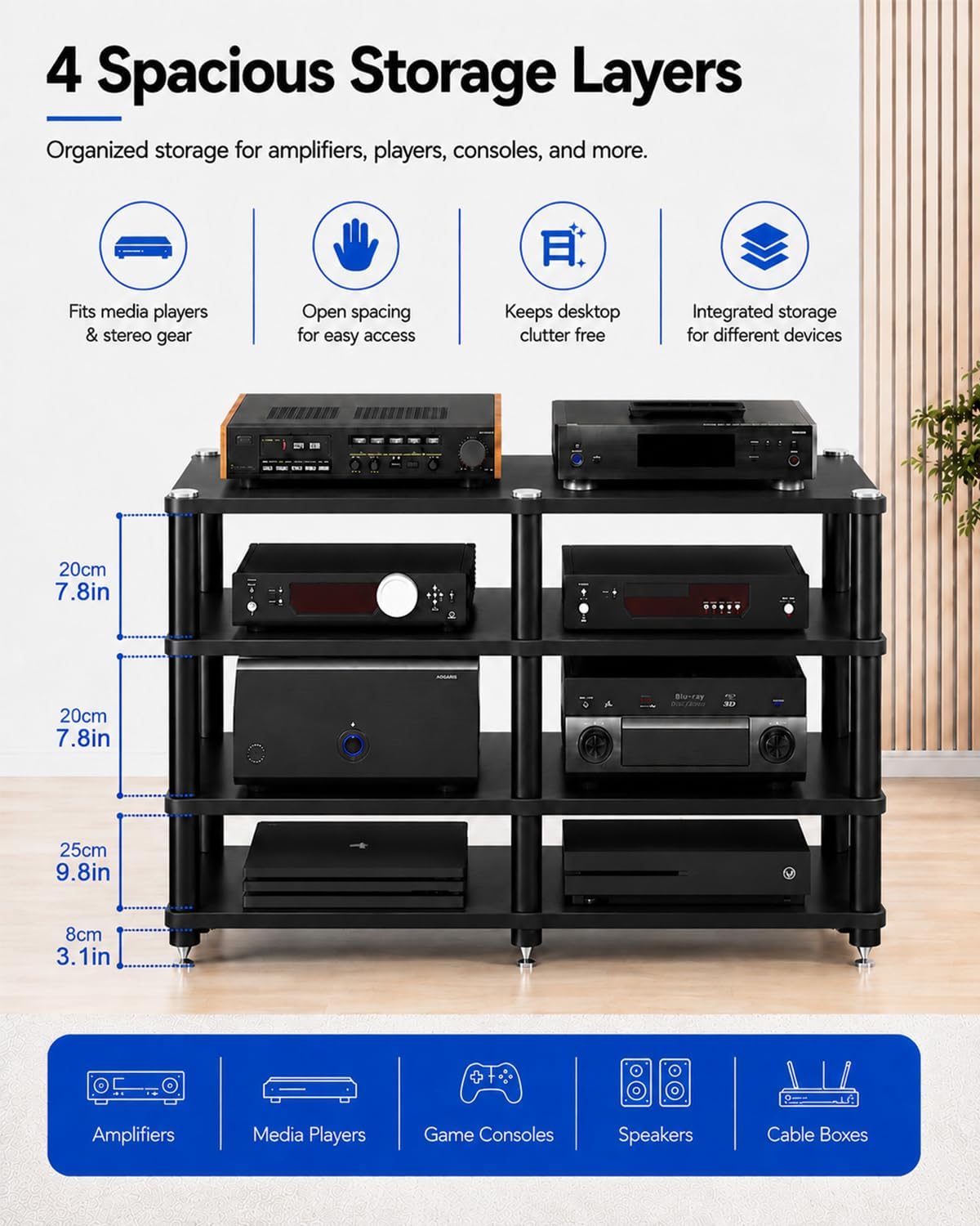 4 Tier Heavy Duty AV Media Stand, Stereo Stands and Racks, Black