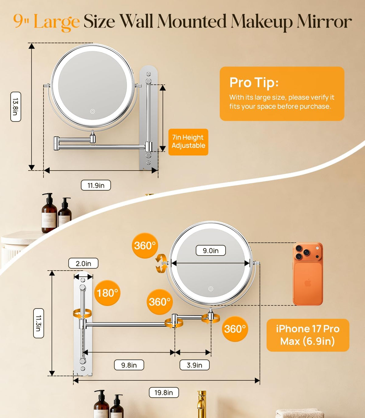 Gospire 9” Wall Mounted Makeup Mirror with Magnification 10X - Chrome | 7in H...