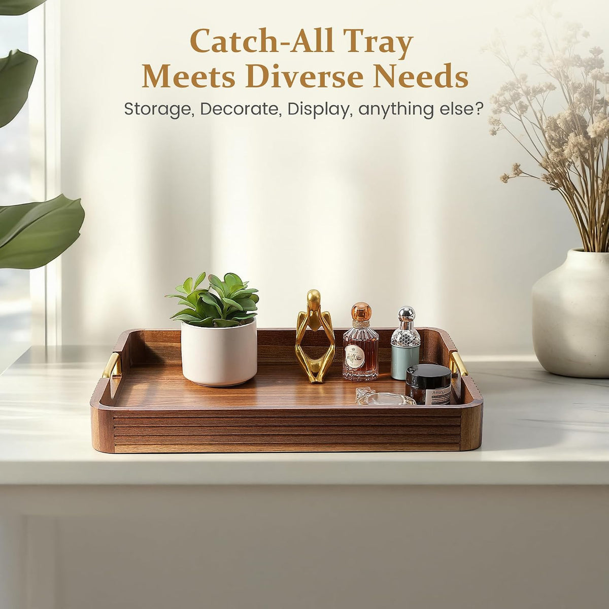 Acacia Wood Serving Tray with Gold Handles (Natural, 17" x 13" x 2&...