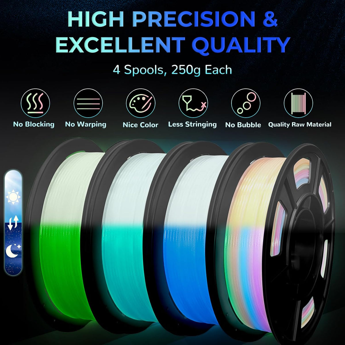 Glow in The Dark PLA+3D Printer Filament, PLA+Filament 1.75 mm, Stronger Ligh...