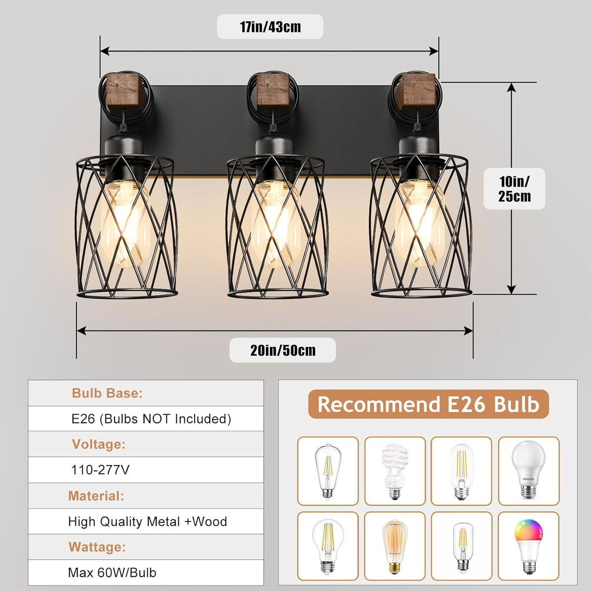 IZORRO Farmhouse Bathroom Vanity Light, 3-Light Wood Bathroom Light Fixtures ...