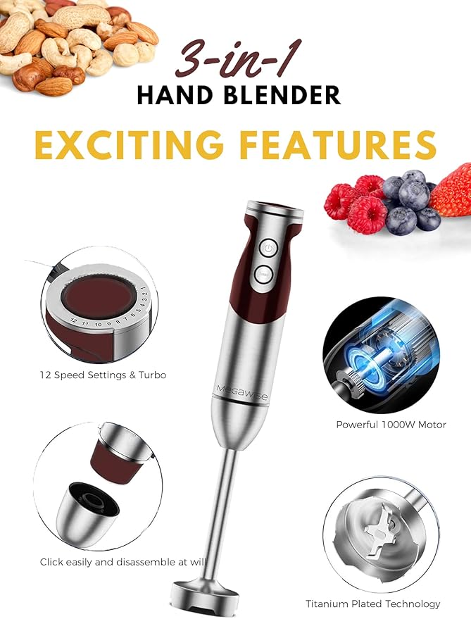 Megawise 3-in-1 Hand Blender – 12-Speed, Includes Powerful Blender Stick