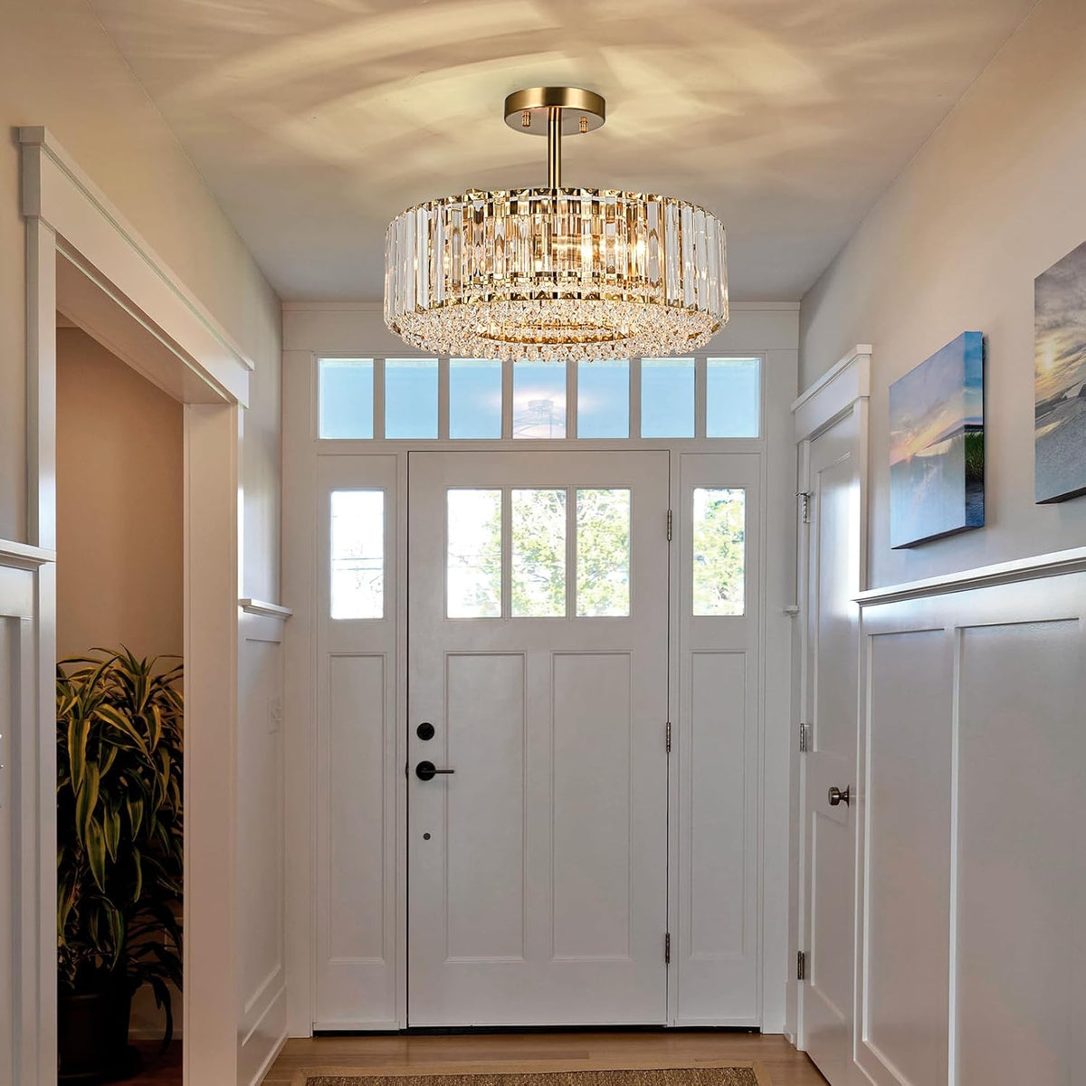 Lingkai 15.8“ Modern Crystal Chandelier Gold Round Semi Flush Mount Ceiling L...