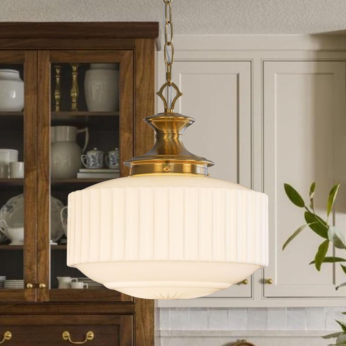 Vintage Brass Milk Glass Pendant Light Fixture, 13.8" White Pleated Glas...