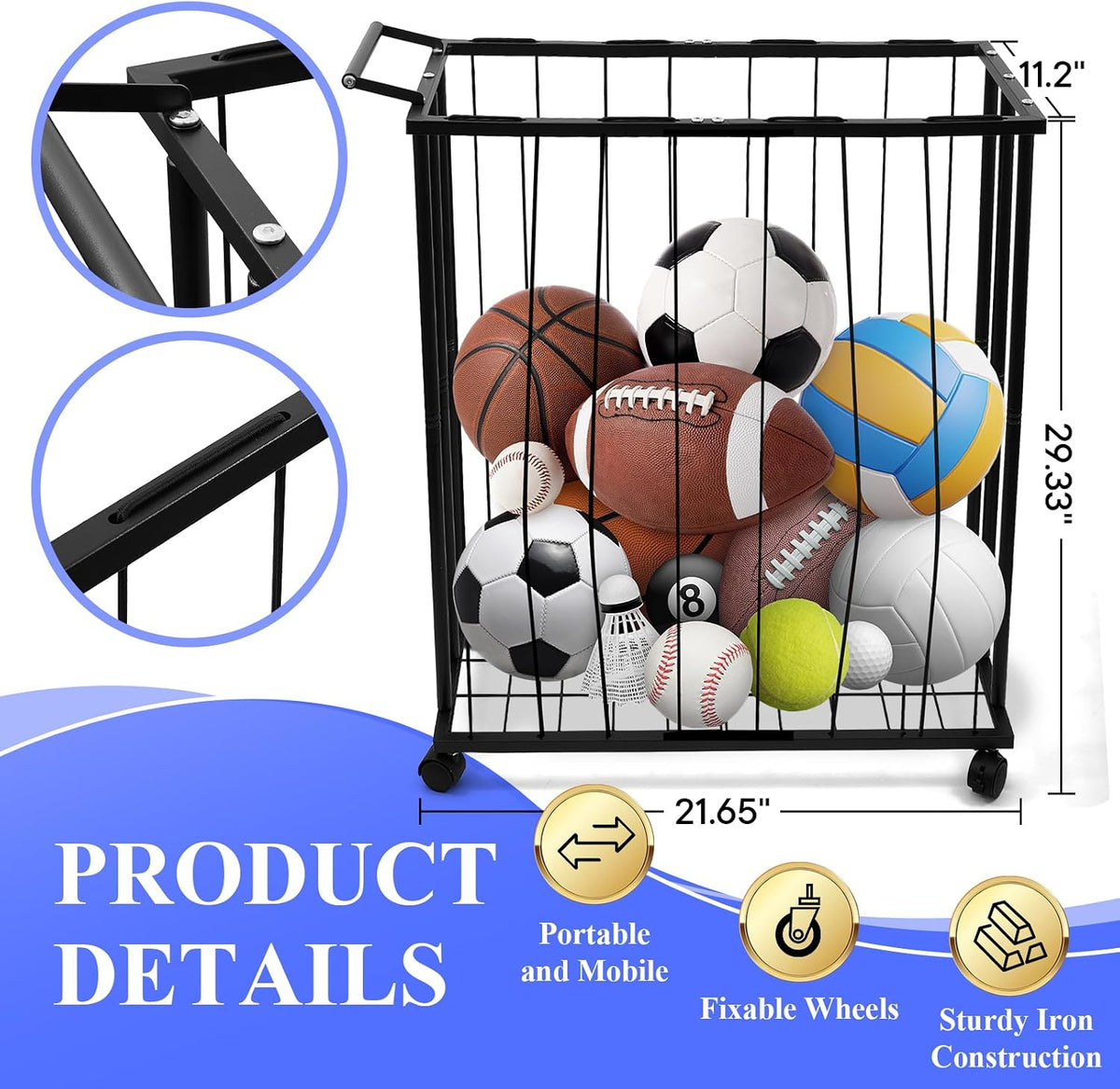 Large Garage Ball Storage Rack with Wheels for Basketball & Soccer