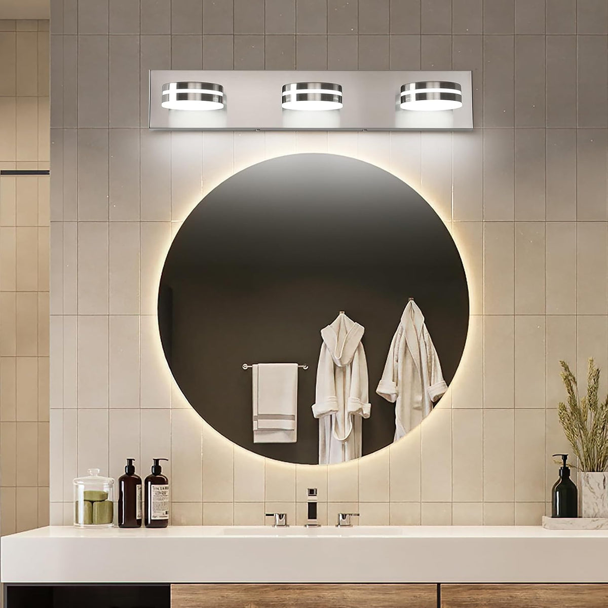 Brushed Nickel Bathroom Vanity Light, (24in Dimmable) 3-Light Bathroom Light ...