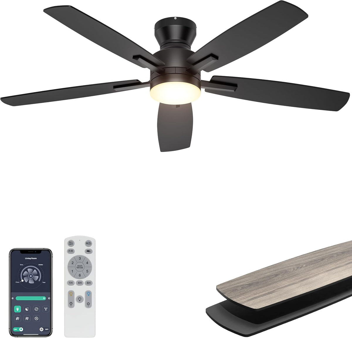 Ohniyou 52'' Low Profile Ceiling Fan with Lights, Remote/APP Control,...