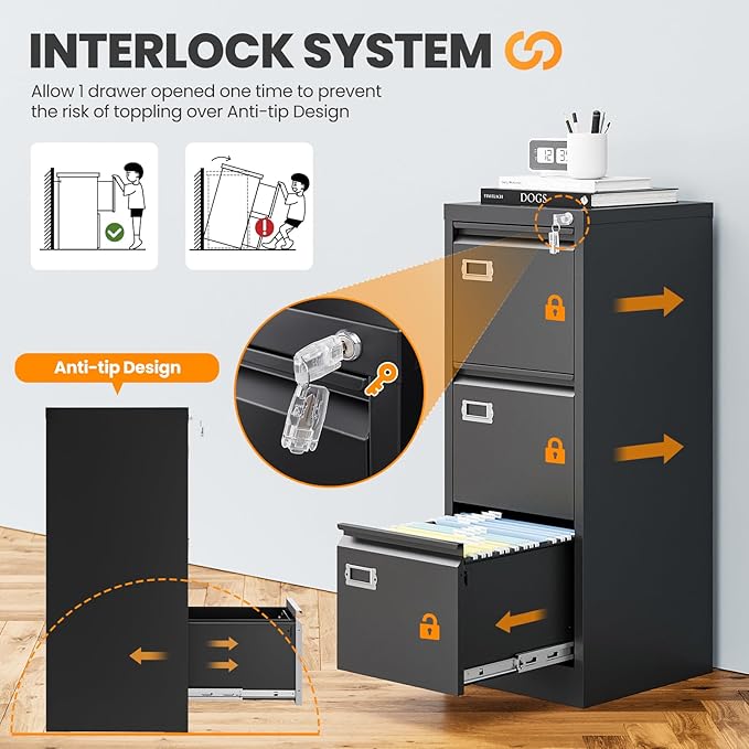 3 Drawer File Cabinet with Lock, Metal Filing Cabinets