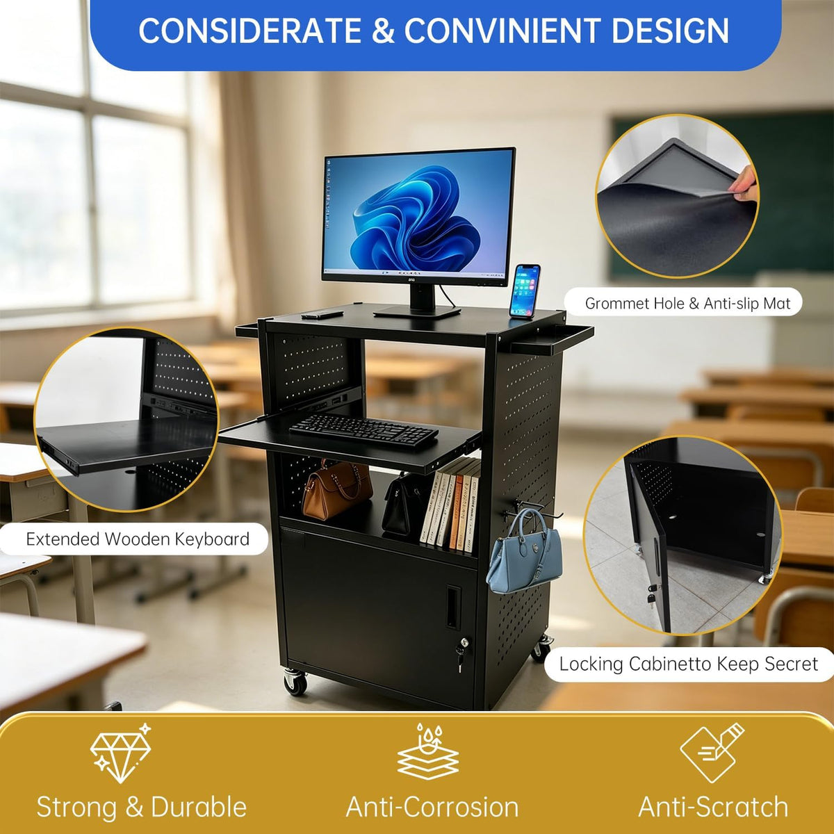 Upgraded AV Cart with Power Strip, Mobile Media Workstation with Pegboard &am...