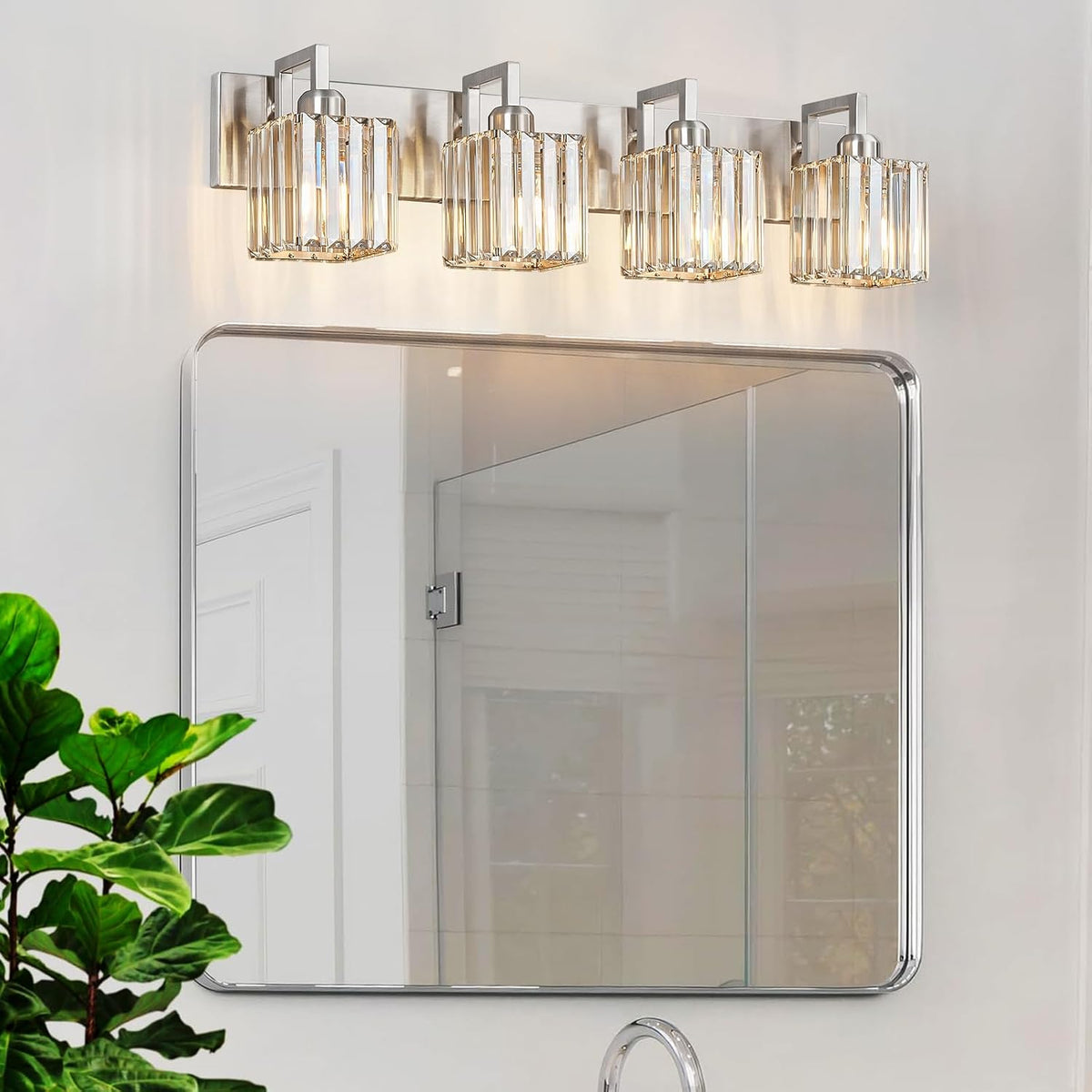 Modern Bathroom Vanity Light 4-Lights Brushed Nickel Vanity Light Crystal Wal...