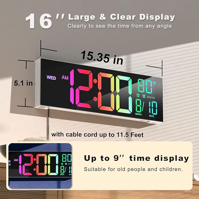 JALL 16" Large Digital Wall Mount Clock, Count Down Timer, Big LED, 8 RG...