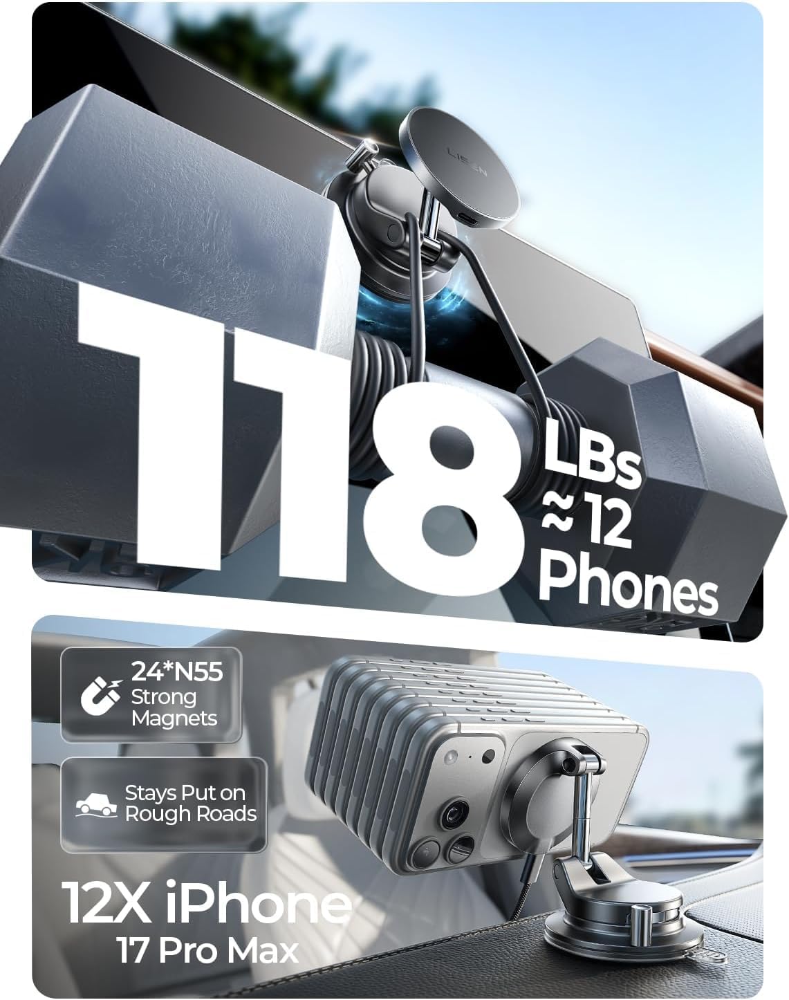 LISEN Qi2.2 25W MagSafe Car Mount Charger, Magnetic Wireless Car Charger