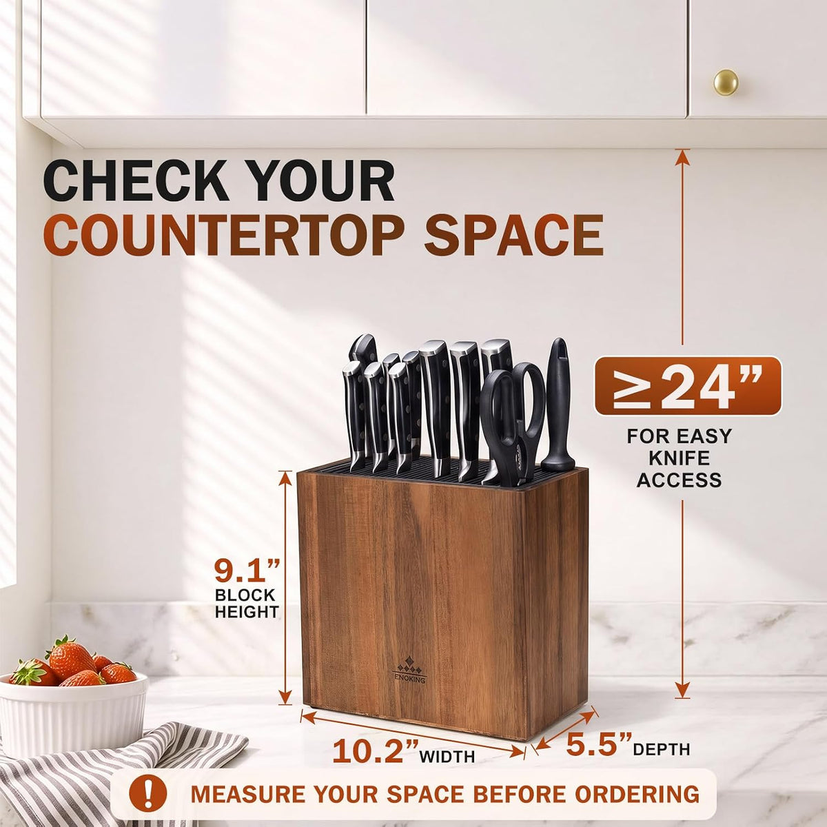 Universal Knife Block Without Knives, Acacia Wood Large Knife Holder