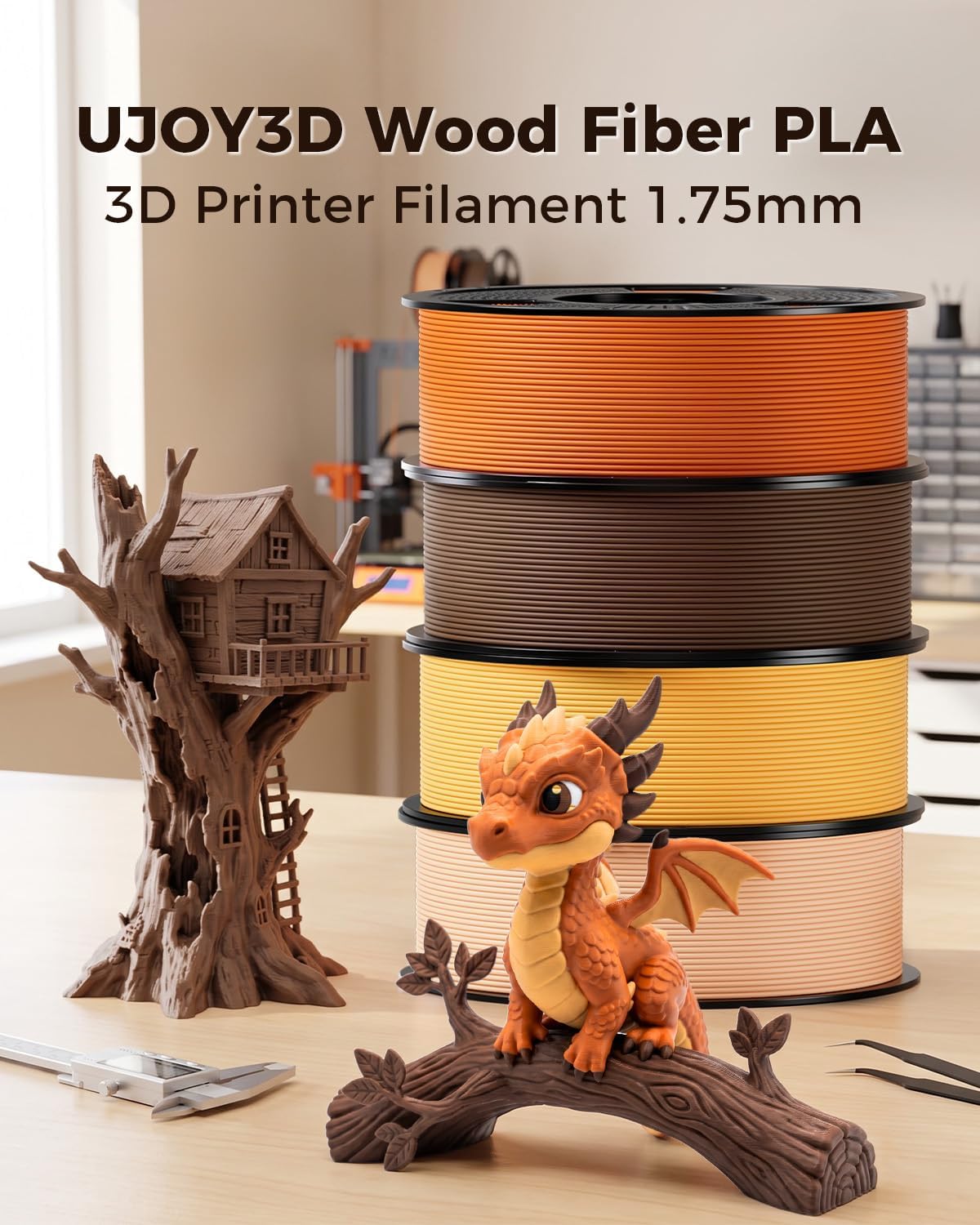 UJOY3D 4kg Wood Fiber PLA Filament 1.75mm Bundle, Natural Wood-Like Color