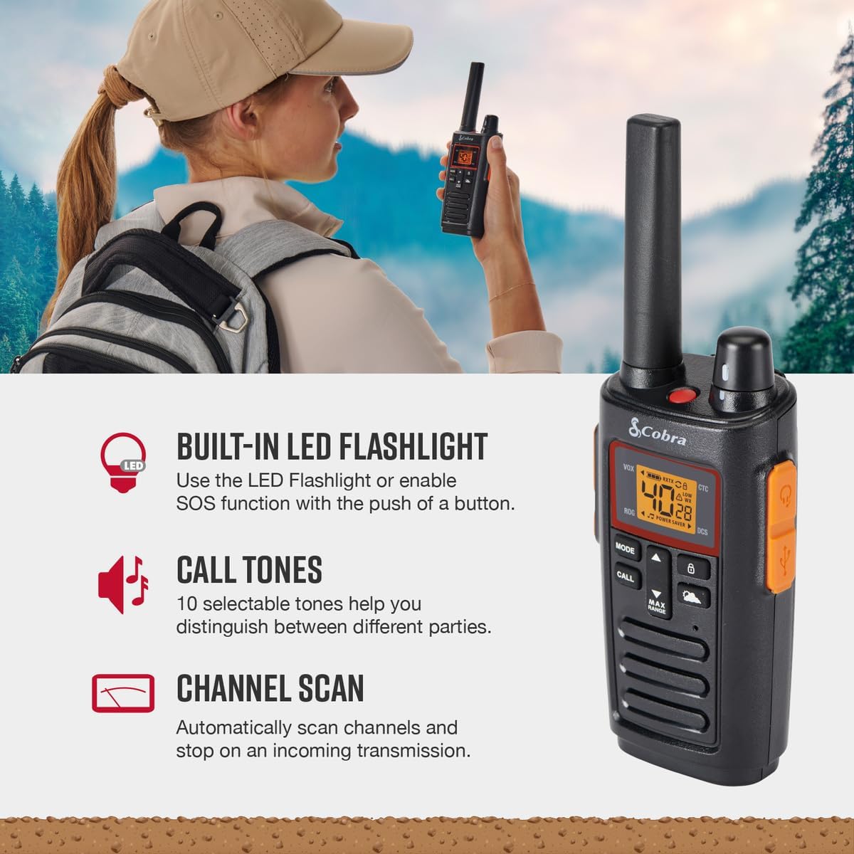 Cobra RX380 Walkie Talkies (2-Pack), 40 Pre-Programmed Channels