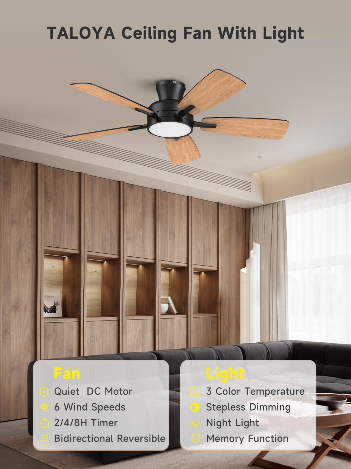 TALOYA 46 inch Ceiling Fans with Lights and Remote, Night Light, Black