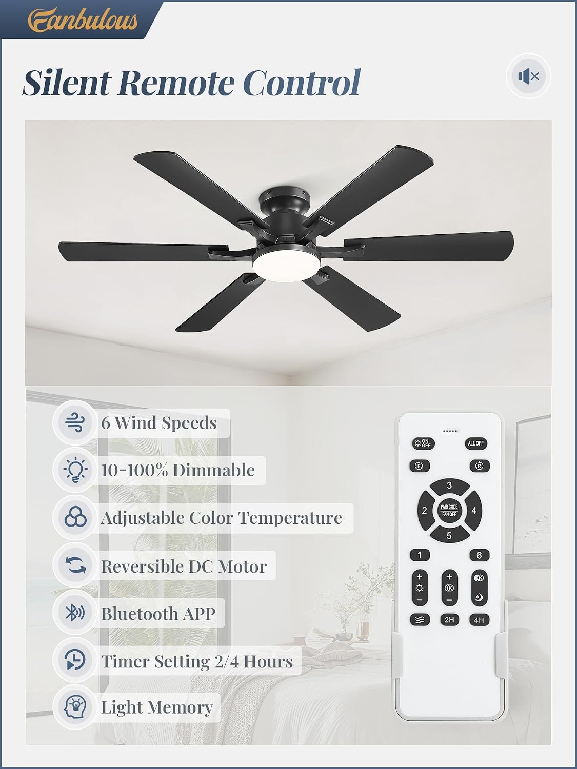 Fanbulous 52 Inch Flush Mount Ceiling Fan with 3000-6000K Dimmable Lights