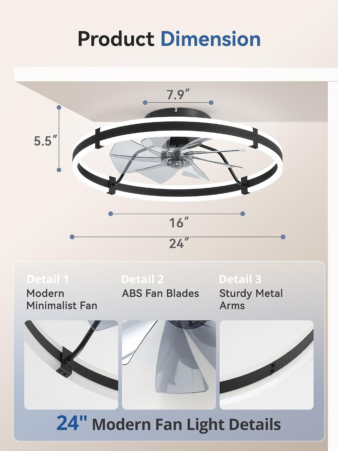 Fanbulous 24" Modern Low Profile Ceiling Fans with Lights and Remote, Black