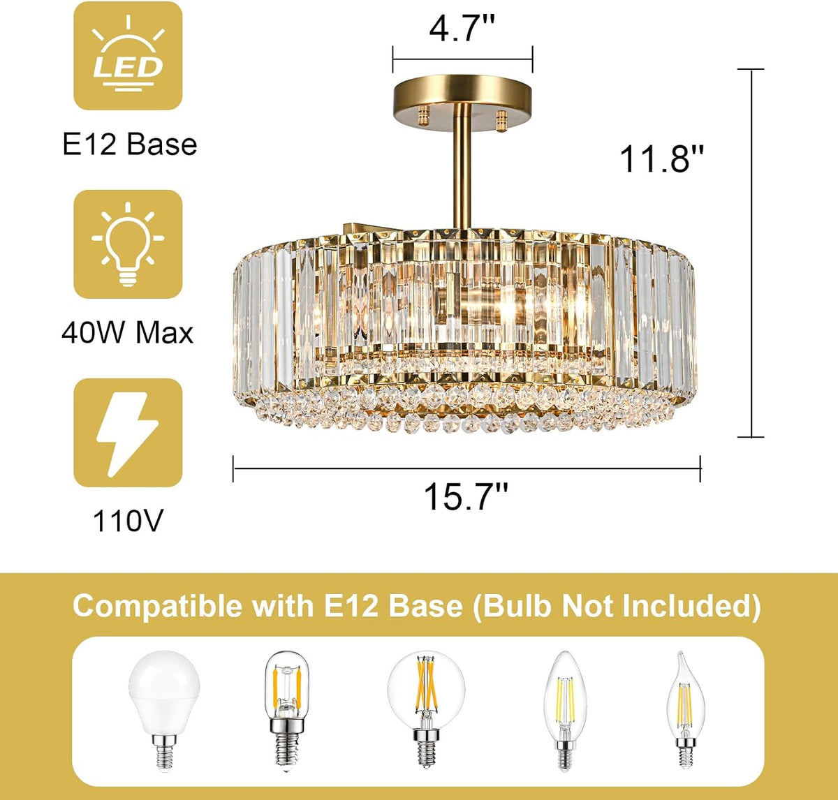 Lingkai 15.8“ Modern Crystal Chandelier Gold Round Semi Flush Mount Ceiling L...