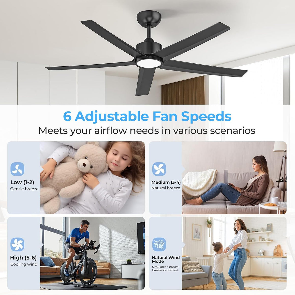 ocioc 52 inch Ceiling Fans with Lights and Remote,Black,Powerful Airflow