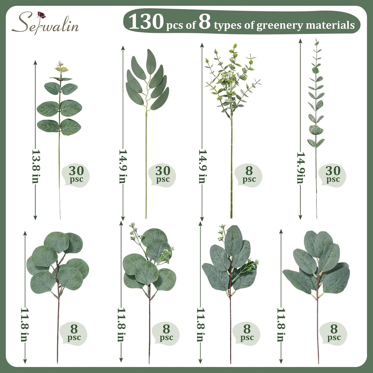 130PCS Mixed Eucalyptus Stems Bulk, Faux Greenery Stems