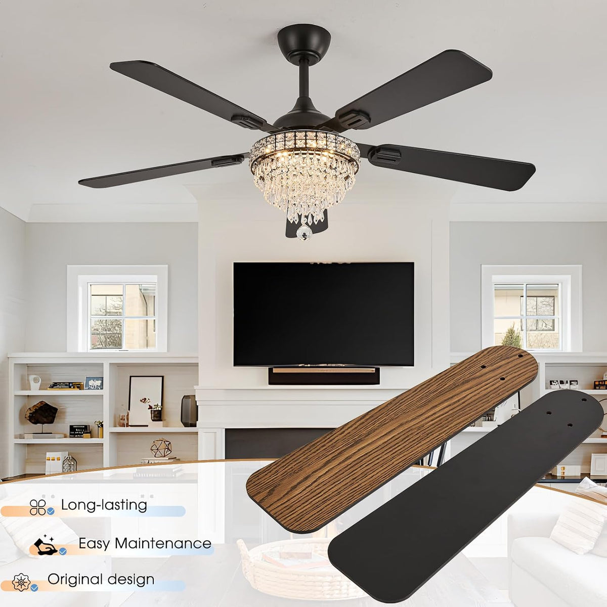 52" Crystal Chandelier Ceiling Fan with Lights - (Glam, Black)