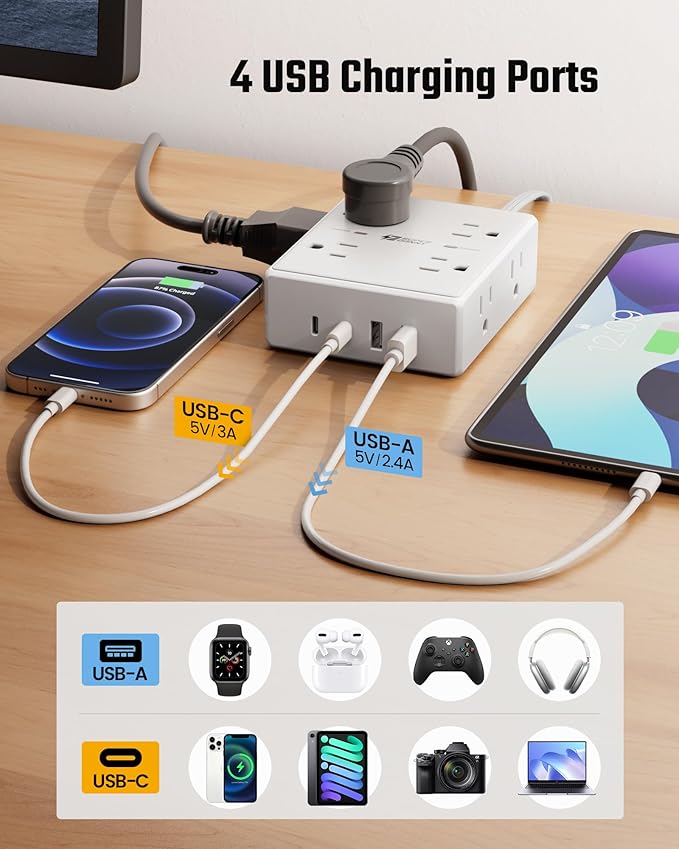 25Ft Long Extension Cord, Flat Plug Power Strip