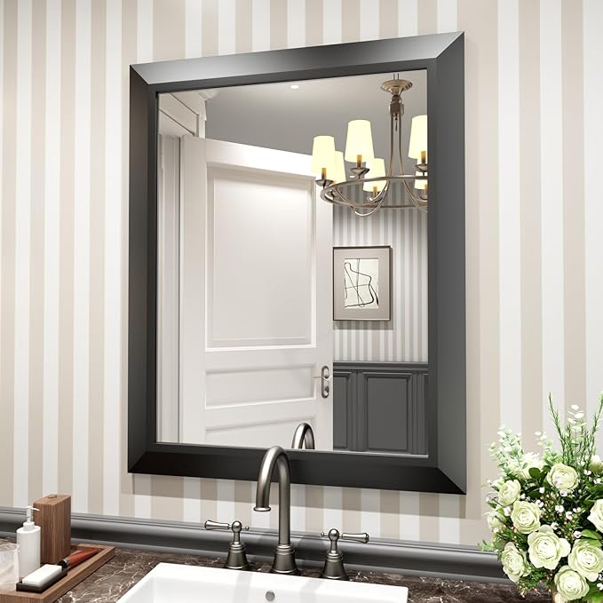 Amorho Black Bathroom Mirror, 24x30 Inch Thick Metal Framed Wall Mirrors