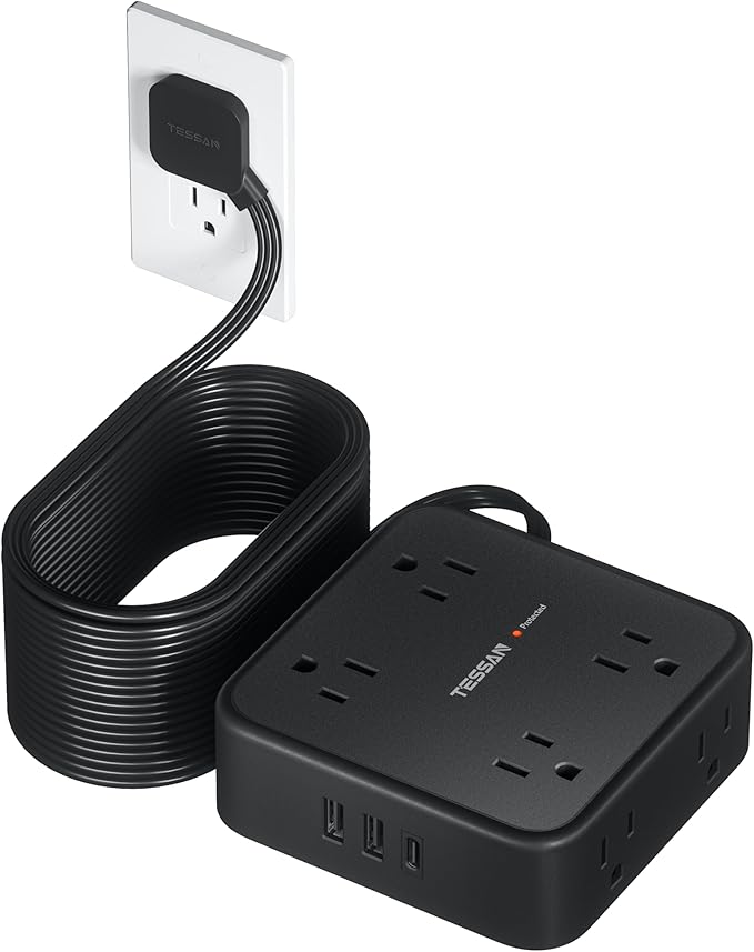 Long Extension Cord 25 FT, TESSAN Ultra Thin Flat Plug Power Strip Surge