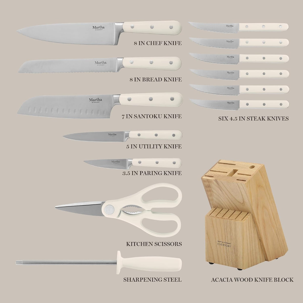 MARTHA STEWART Eastwalk 14 Piece High Carbon Stainless Steel Cutlery Kitchen ...