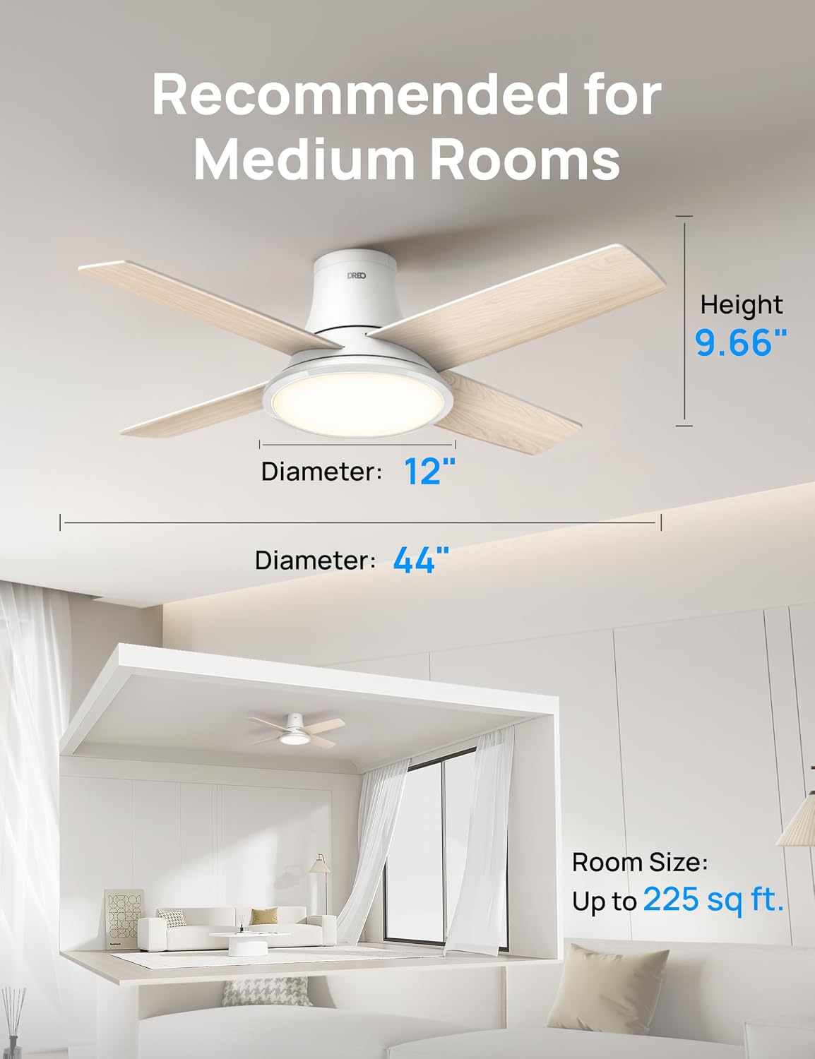 DREO Ceiling Fans with Lights, 44'', RGBIC Flush Mount Smart Ceiling Fan