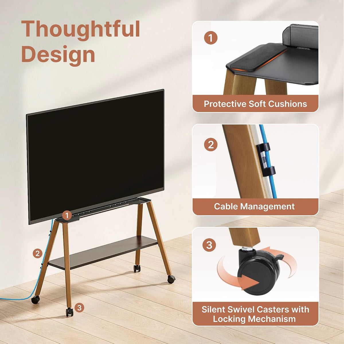 Rolling Easel TV Stand for 49-75" TVs, 88 lbs, Black