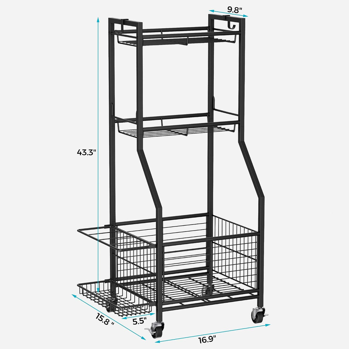 Sports Equipment Storage Rack with Wheels, 3-Tier Ball Organizer