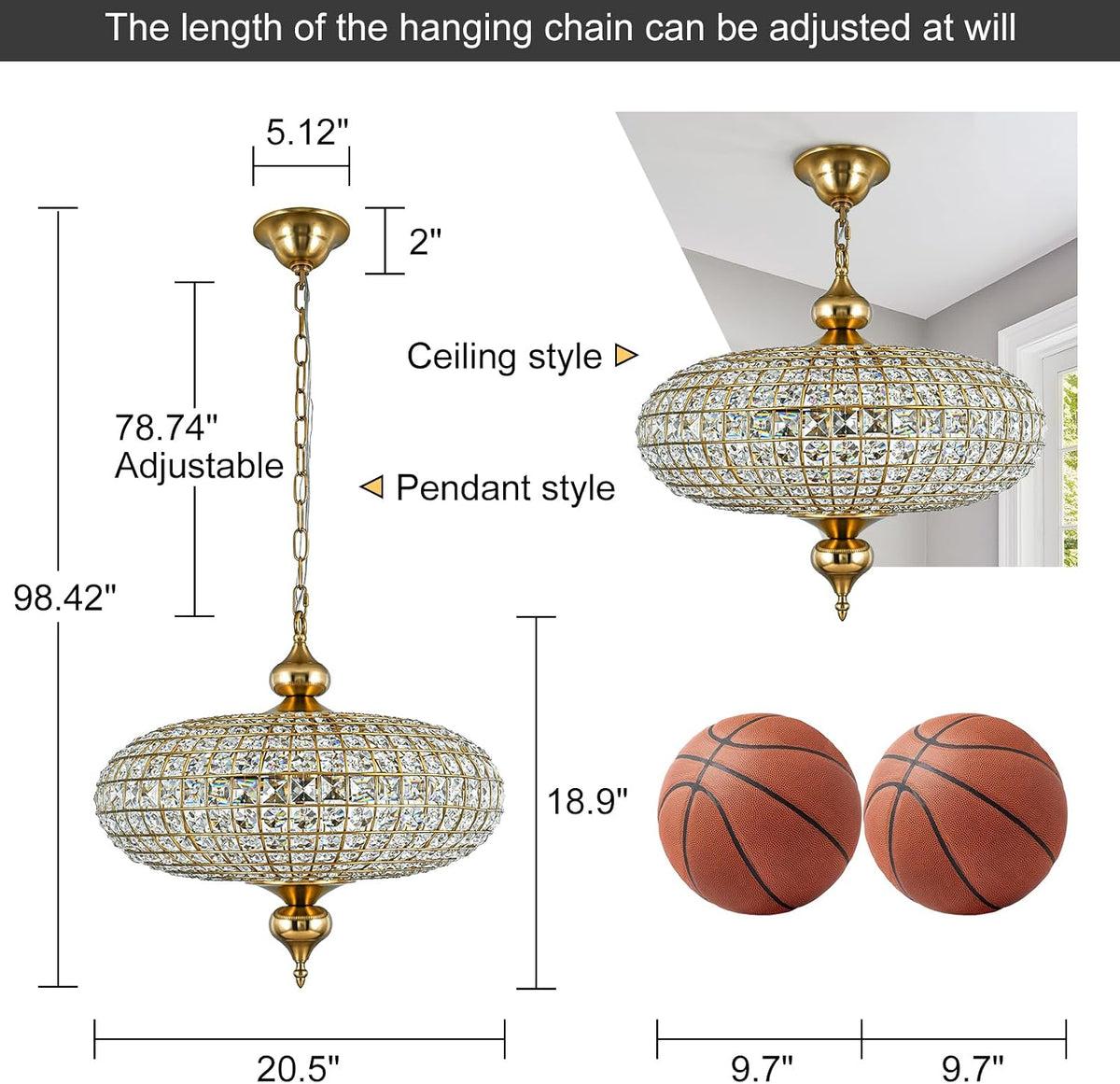 Brass Crystal Chandelier 20.5" Vintage Dining Room Chandelier Over Table