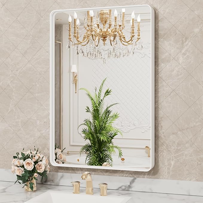 LOAAO 24x36 Inch White Metal Framed Bathroom Mirror