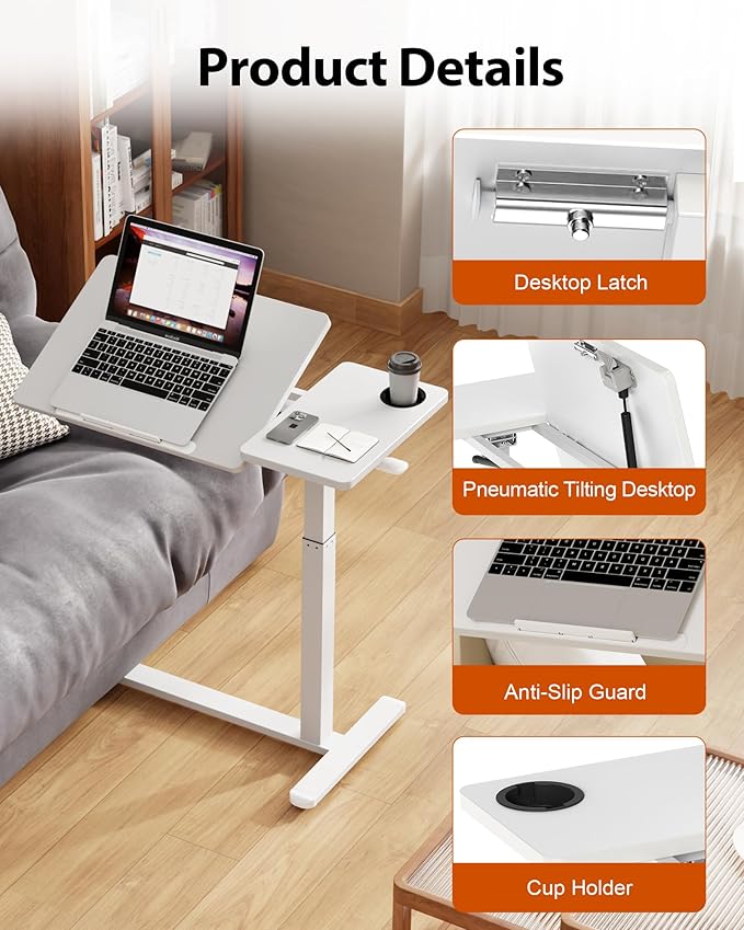 Overbed Table with Wheels, Pneumatic Height Adjustable Overbed Bedside Table