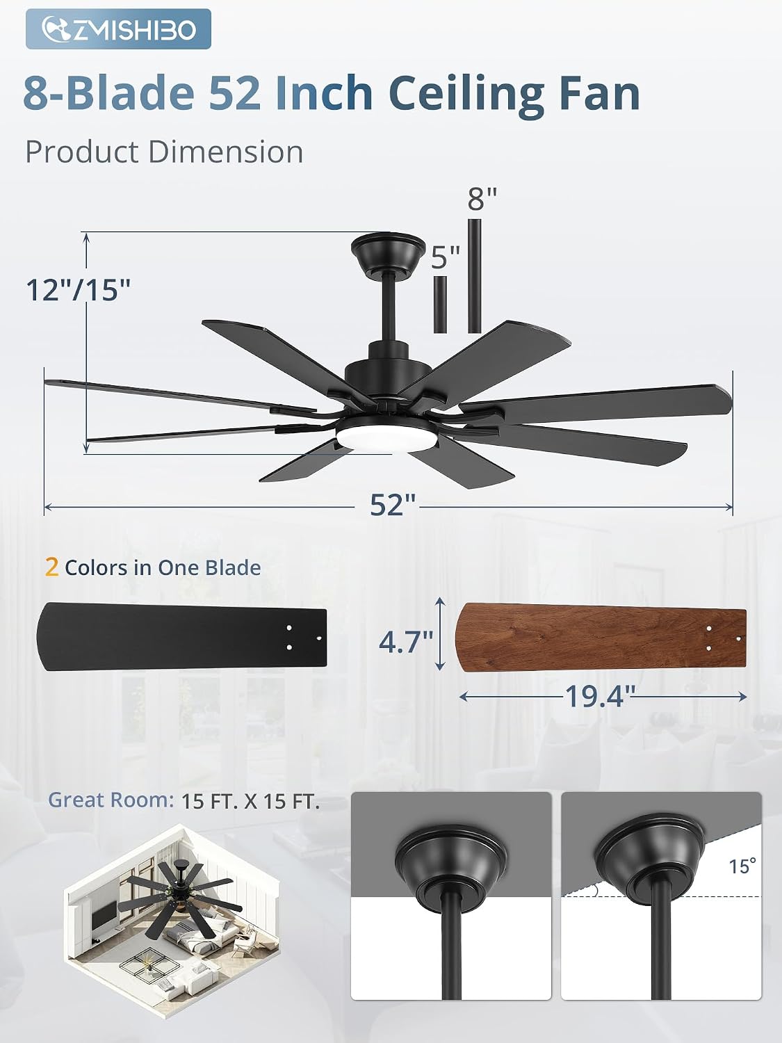 ZMISHIBO 52 inch Ceiling Fan with Light and Remote, Black