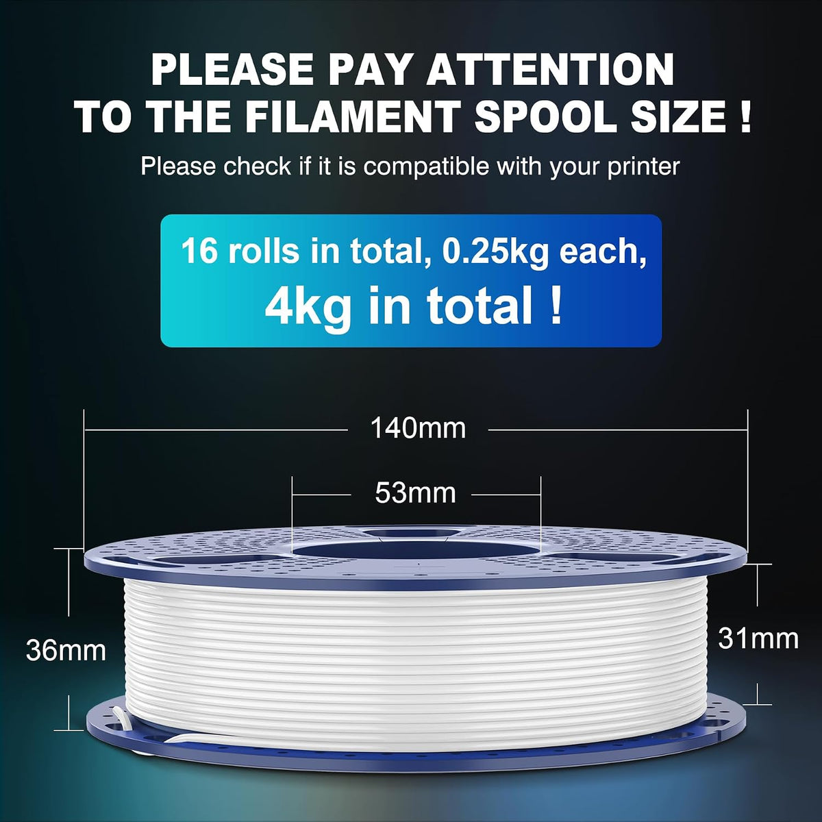 SUNLU 16 Color PLA Filament Bundle Multicolor, 0.25kg per Spool, Total 4KG
