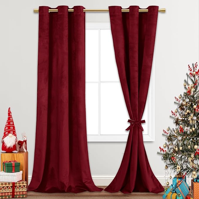 JIUZHEN Wine Red Velvet Curtains 96 inches Blackout Curtains