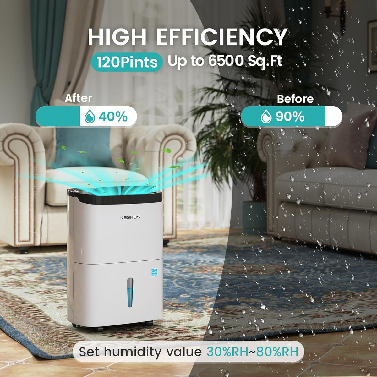 120 Pints Energy Star Dehumidifier for Basement, Self-Drying, 6,500 Sq. Ft.