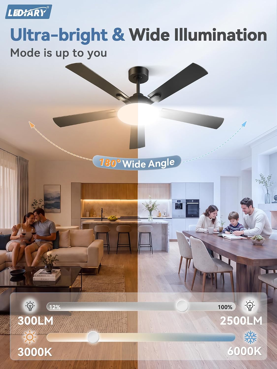 LEDIARY 52 Inch Ceiling Fans with Lights DC Motor, Remote & APP Control