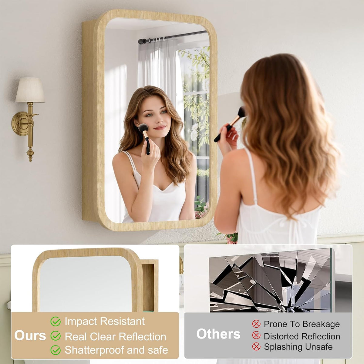16x24 Inch Wood Medicine Cabinet with Mirror for Bathroom, Oak
