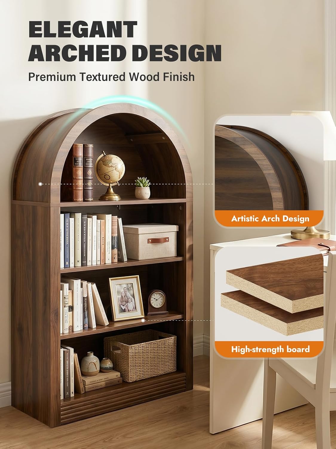 Arched Bookshelf, 47.6 inch Wood Open Bookcase, Brown