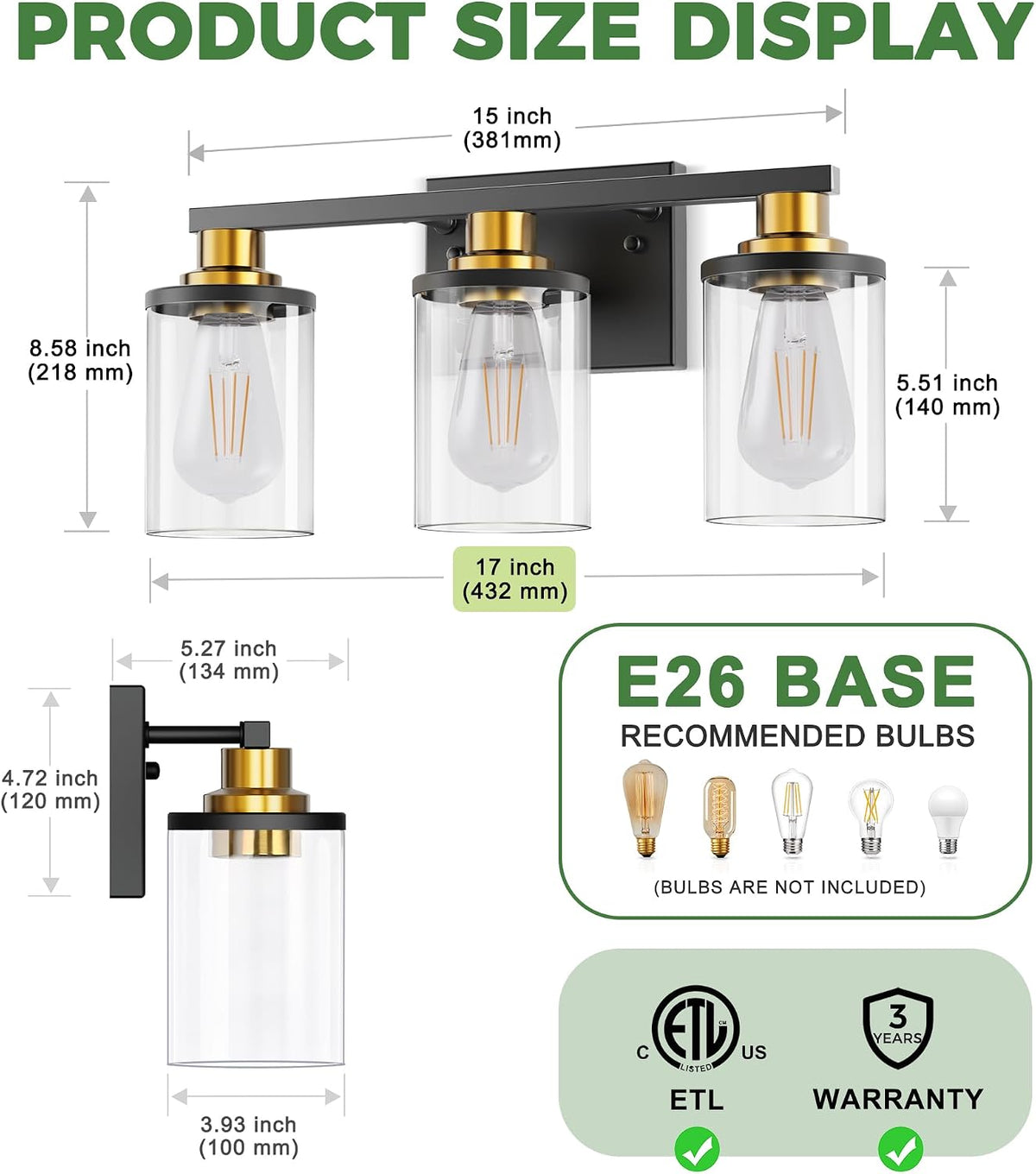 DORESshop Bathroom Light Fixtures Over Mirror, Black and Gold Vanity Lights