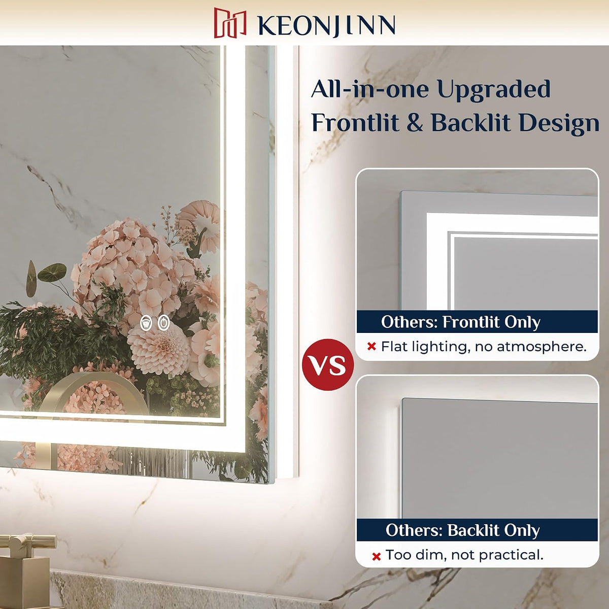 Keonjinn 48" x 30" LED Mirror for Bathroom, Front & Backlit, Te...