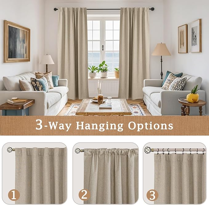 LAMIT 100% Blackout Linen Curtains, 63 Inches Linen Textured Thermal Bedroom