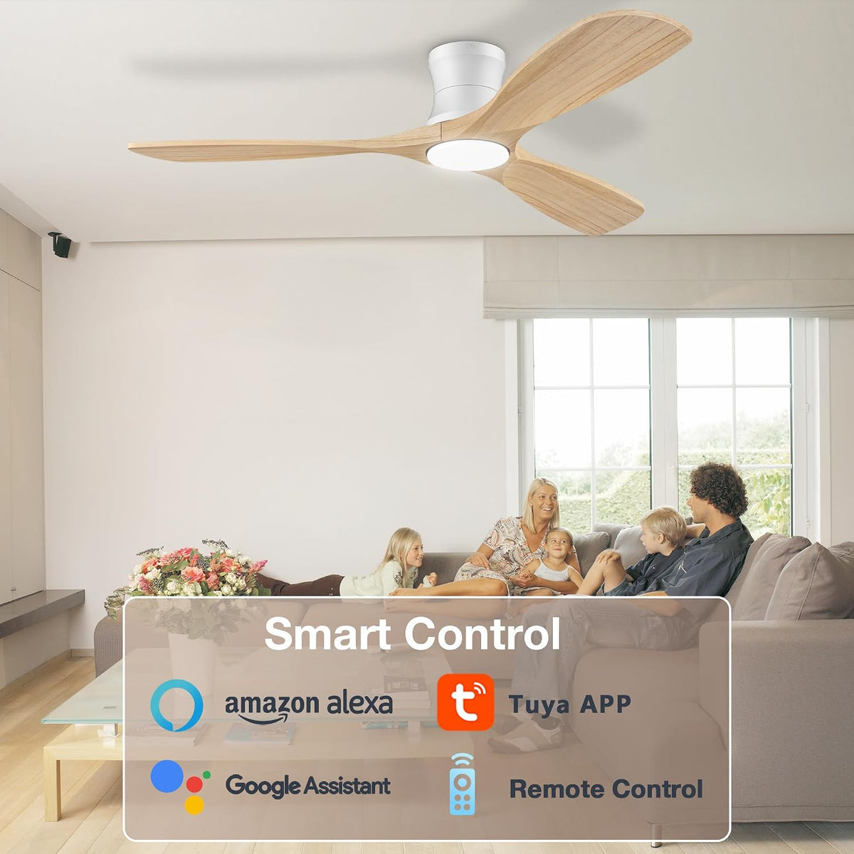 52" Wood Low Profile Ceiling Fans with Lights Remote,Flush Mount,Smart