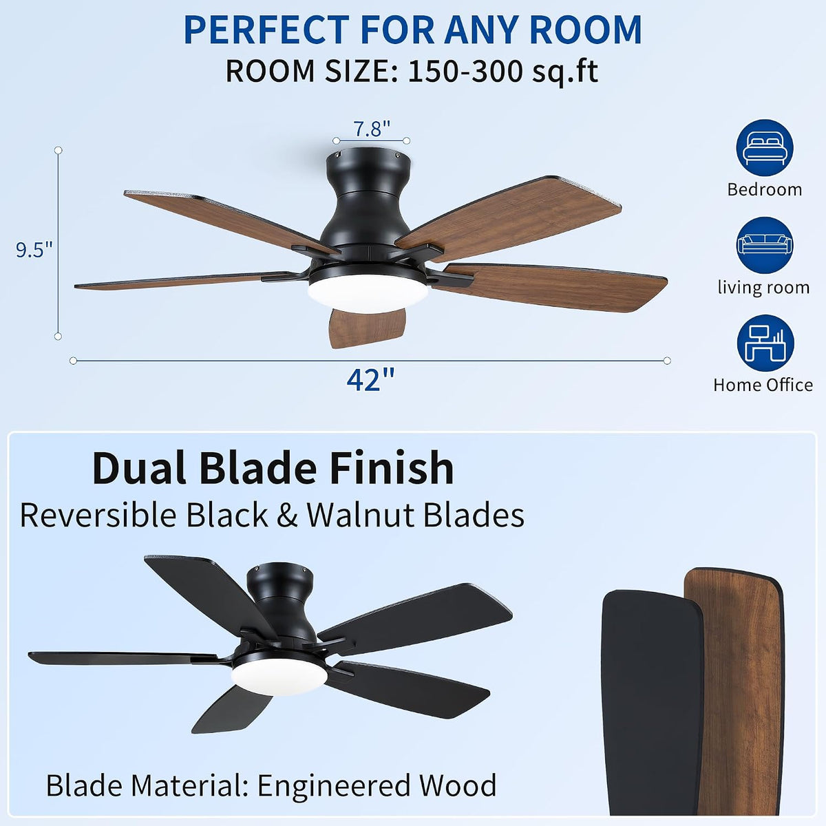 NKPU 42 Inch Low Profile Ceiling Fans with Lights, Brown