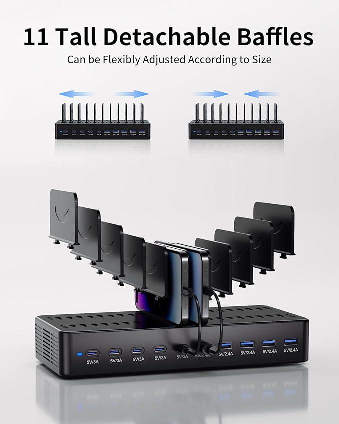 100W Charging Station for Multiple Devices, 10-Port USB Fast Charging Station